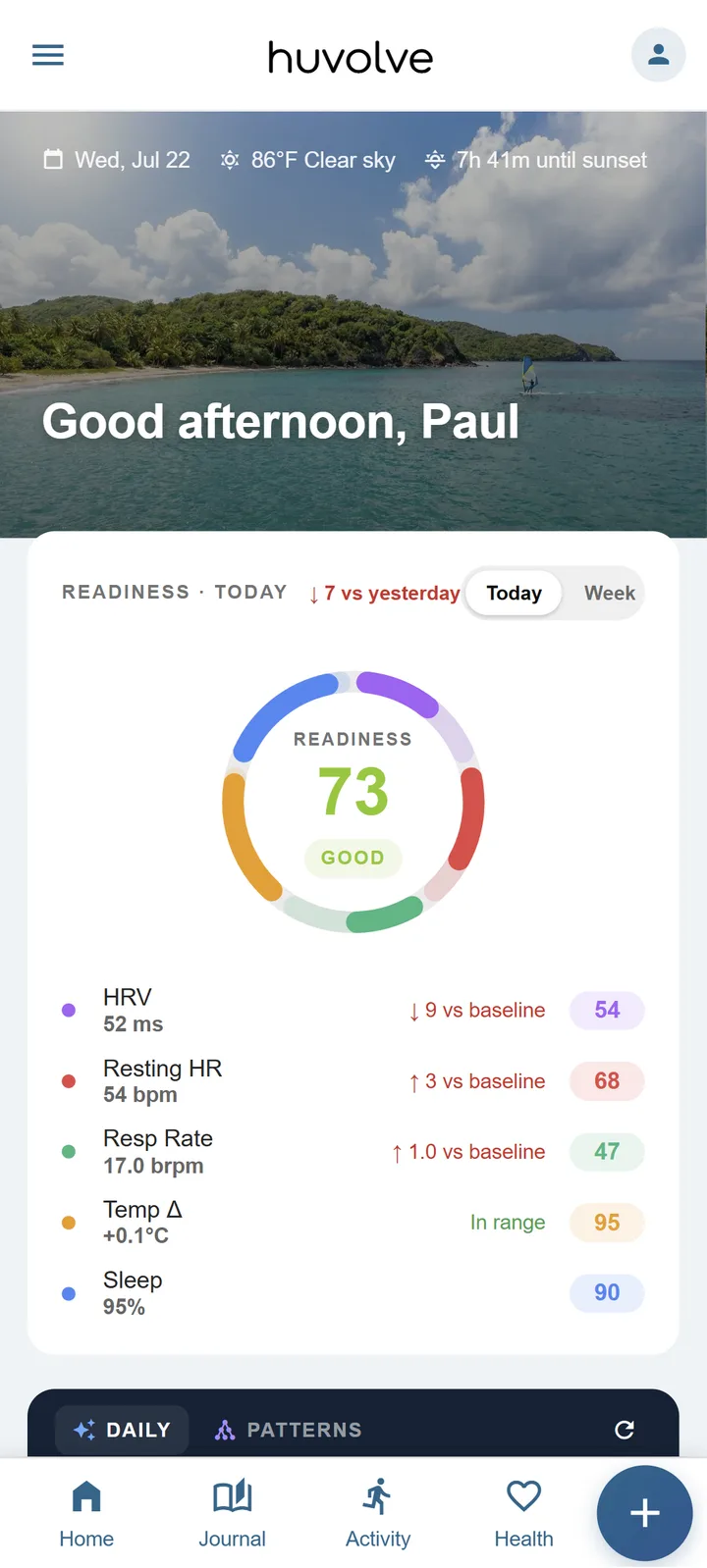 HuOpt mobile dashboard: today's readiness ring at 73 with HRV, resting heart rate, respiratory rate, temperature and sleep contributors